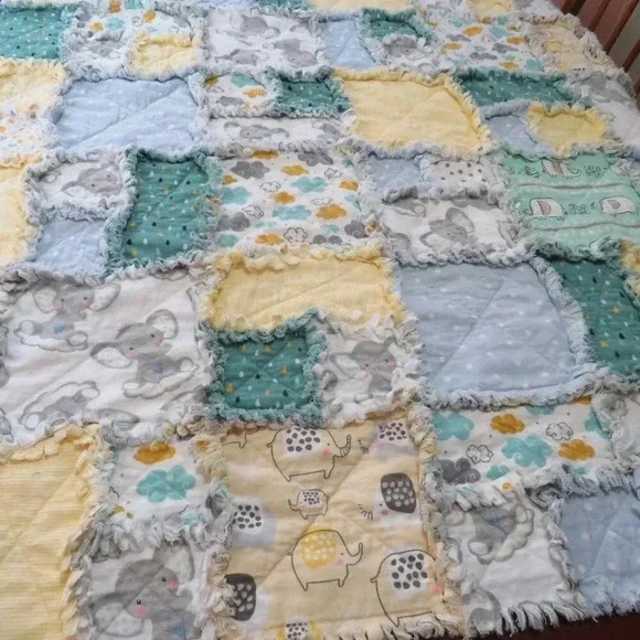 Flannel Rag Quilt With Batting, 50 X 44, Baby Elephant Scrappy Rag Quilt Throw